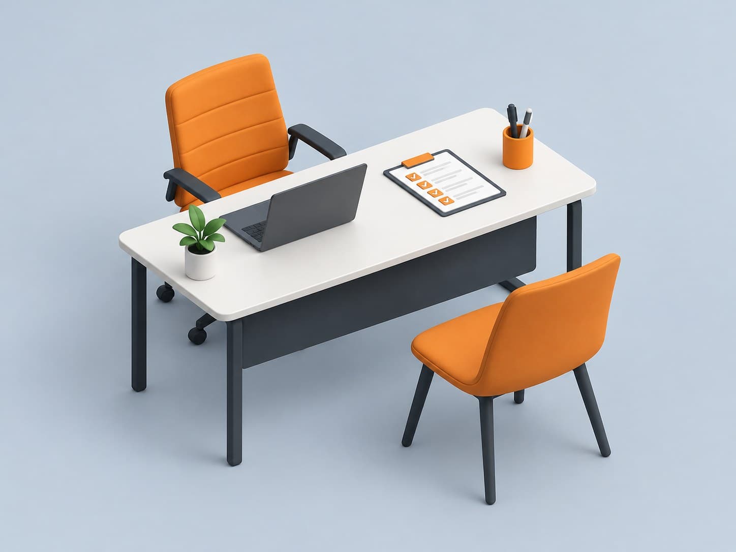 3D illustration of an interview desk with two chairs and a laptop