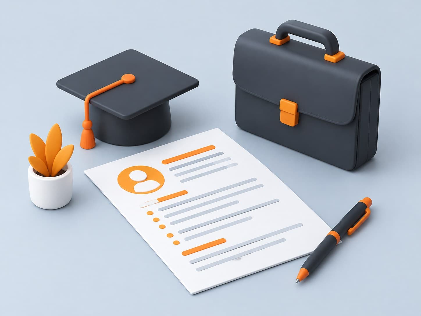 3D illustration of a resume with a graduation cap and briefcase
