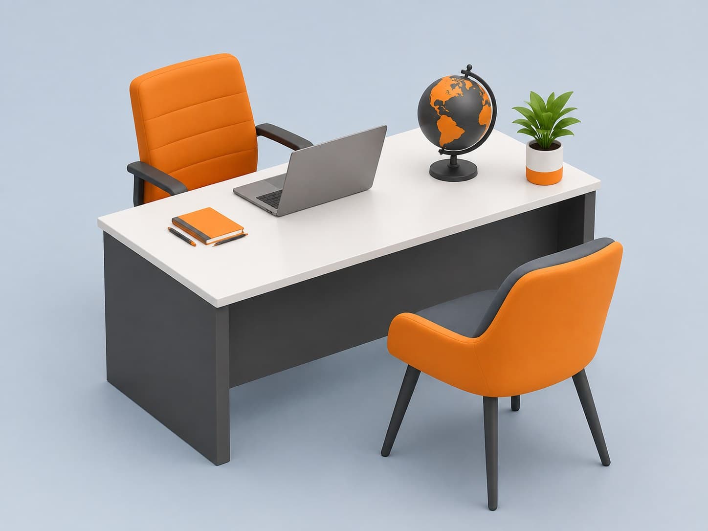 3D illustration of an interview desk with a laptop and a globe