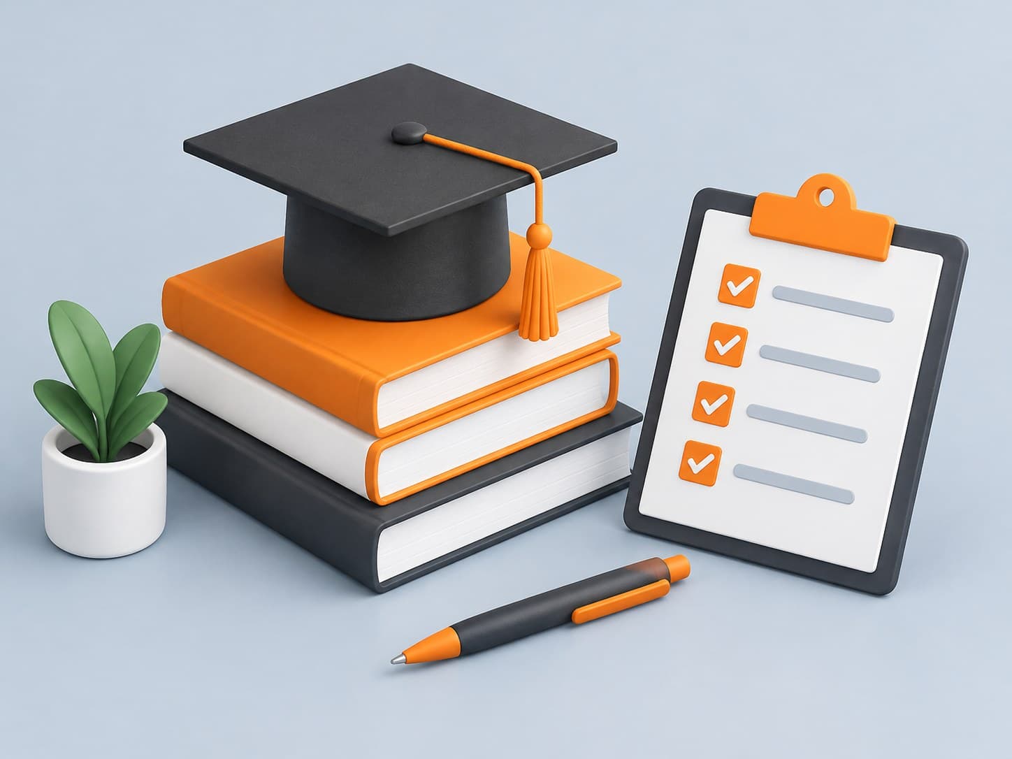 3D illustration of a graduation cap on stacked books with a checklist clipboard